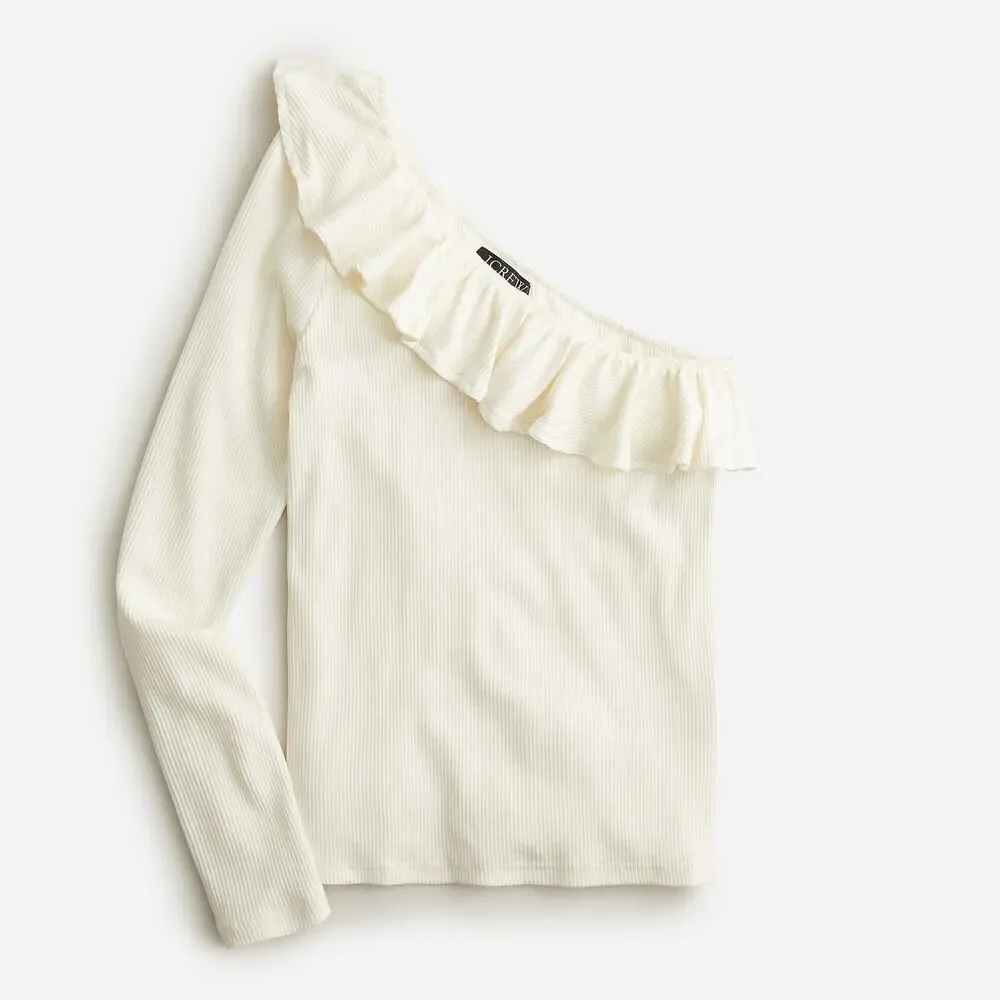 J.Crew One shoulder ruffleneck top vintage rib Ivory Large NWT Parisian Style